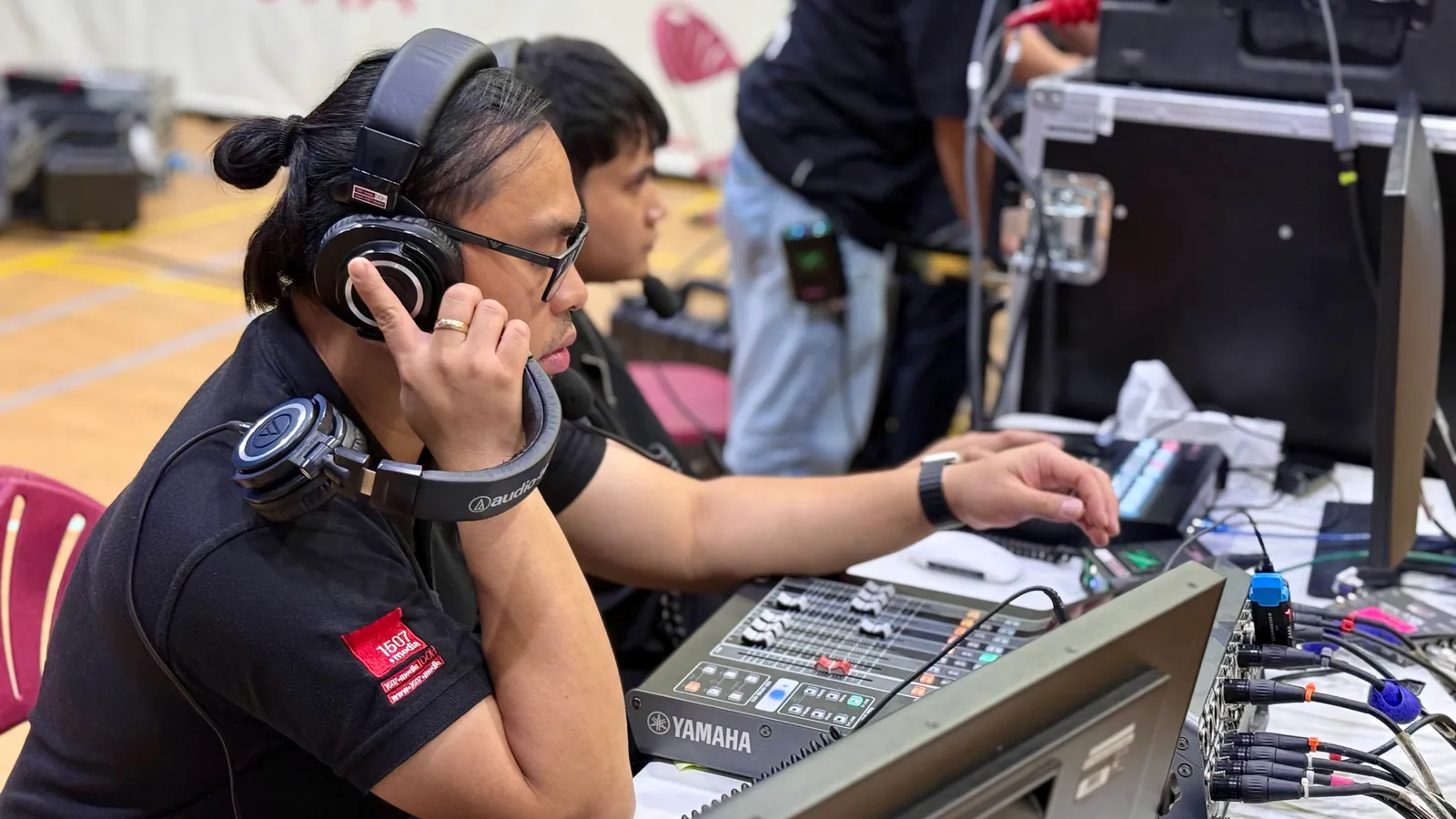 Audio mixing console in use